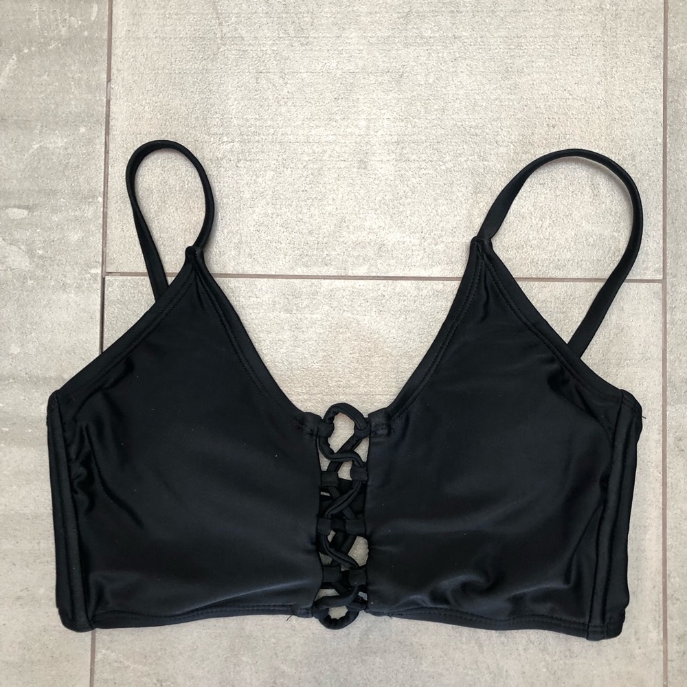 Black swim suit top: lace up front & back to fit perfectly! Goes w all bottoms!